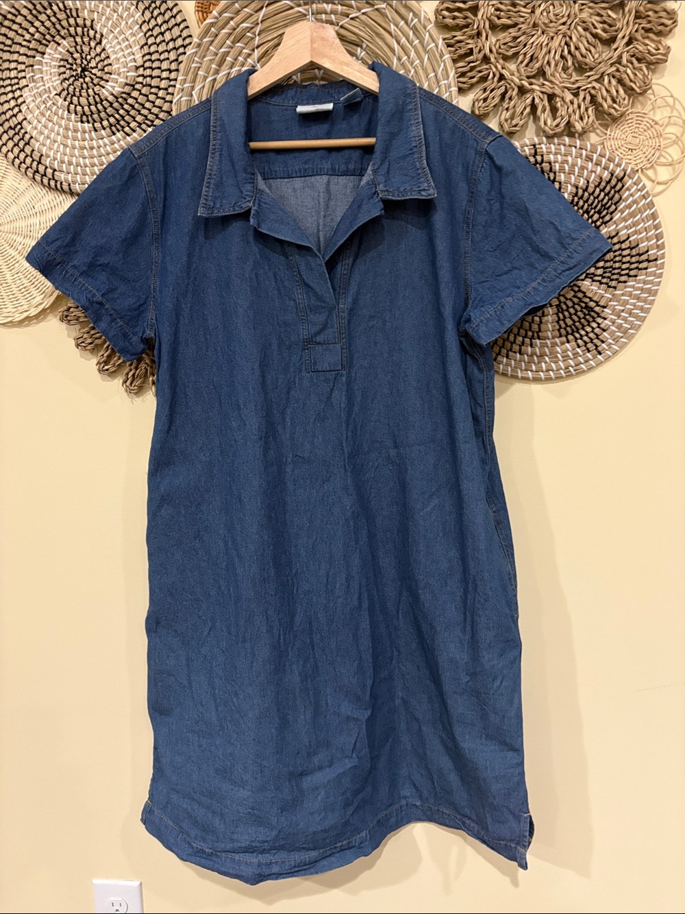 The Vermont Country Store Denim Popover Dress Blue Short Sleeve Cotton Size L